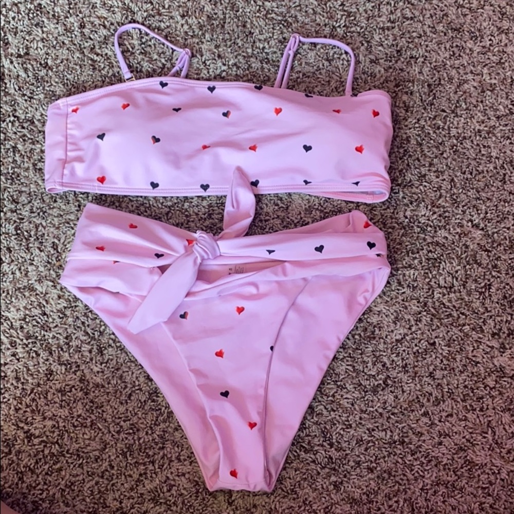 pink hearts swim suit, top and bottom.